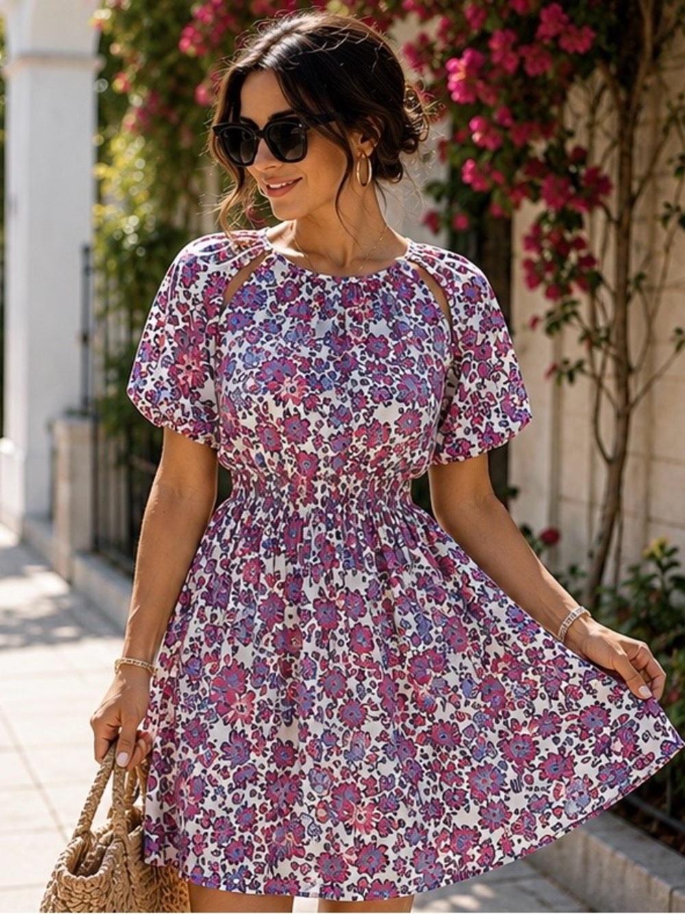 French Connection Floral Puff Sleeve Cutout Mini Dress M